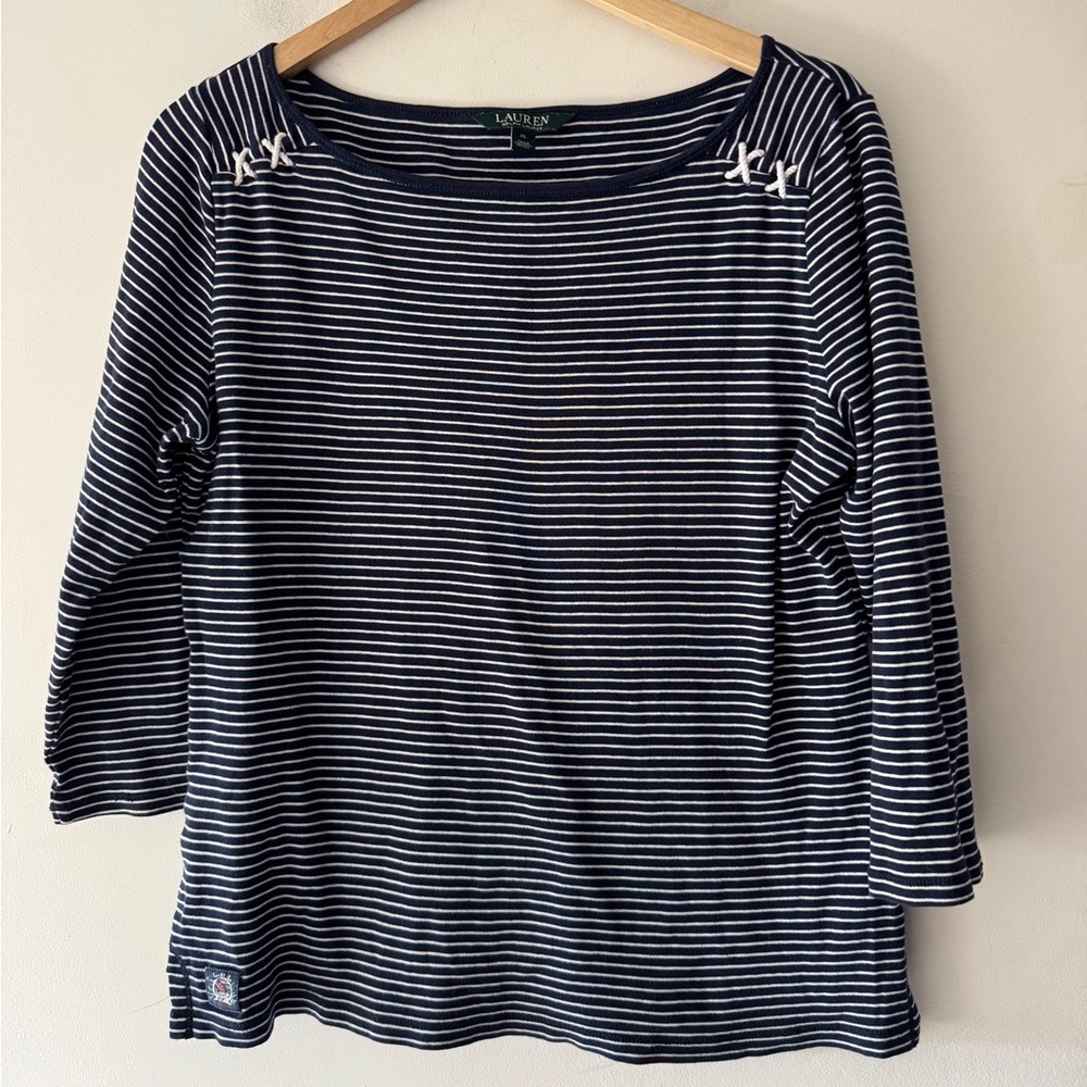 Lauren Ralph Lauren Blue and White Stripe Top Nautical Rope Detail 3/4 Sleeve‎